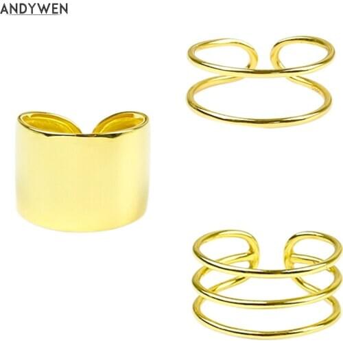 Andywen 2020 925 Sterling Silver Gold Slim Circle Resizable Rings Women Fashion Fine Jewelry Triple Thick Rings Women Jewels