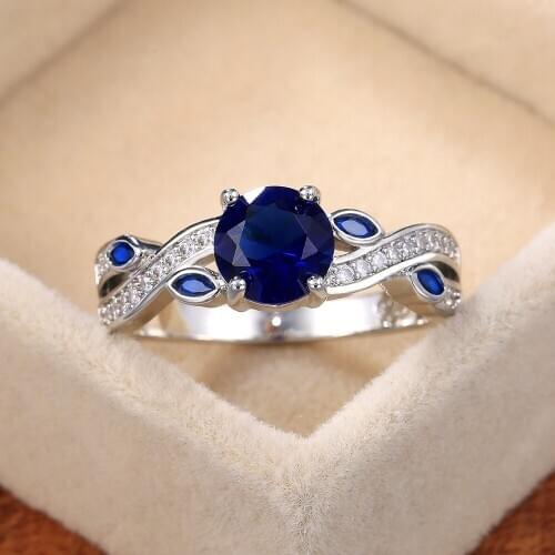 Luxury Silver Color Round Cut Blue Gems Stone Womens Ring for Cocktail Party Crystal Ring Wedding Jewelry Lovers Gifts