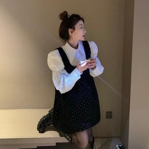 Women Fashion Sequin Dress Female Lovely Baby Skirt Spring Autumn New Style Small Girl French Retro Strap Skirt Black Color