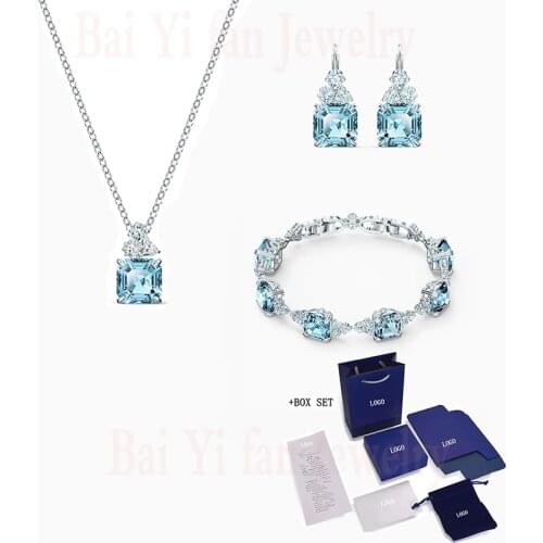 2020 Fashion Jewelry SWA New SPARKLING Blue Square Set Exquisite Blue Square Decoration Crystal Female Romantic Jewelry Gift