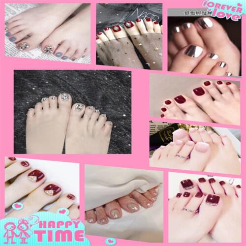 24pcs Fake Toe Nail Silver Red High Quality Rhinestone Foot False Nail Artificial Nails With Glue Summer Beauty Toenail