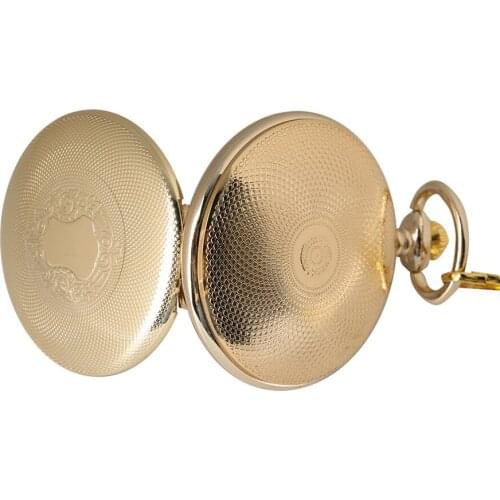 Golden Mechanical Pocket Watch Shield Design Hand Winding Steampunk Cool Pendant Pocket Chain Clock for Men Women as Collectible