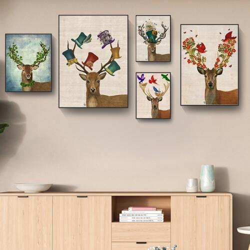 Nursery Deer Animal Canvas Painting Kawaii Wall Art Animal Poster Print Nordic Woodland Picture Kids Baby Girls Room Home Décor