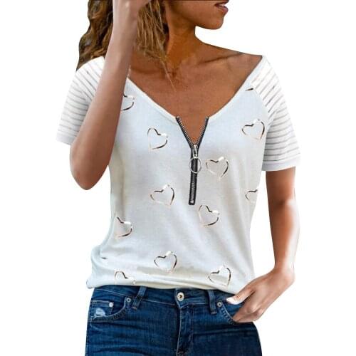 Sexy V Neck T-shirt Tops Women 2021 Summer New Fashion Casual Loose Zipper Heart Printed Female Short Sleeve Black White Tshirts