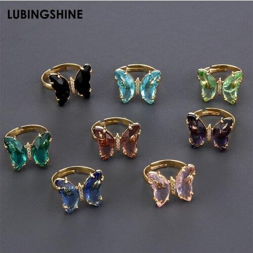 Sweet Girl Shiny Rings Elegant Colorful Transparent Zircon Crystal Butterfly Ring for Women Simple Style Candy Color Rings Gifts