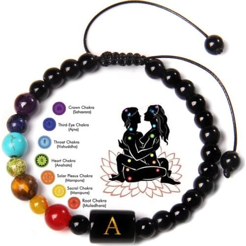 Men Bracelets Natural Turquois Tiger Eye Stone Beads 7 Chakra Bracelets Black Rope 26 Letters Charm Braid Bracelet Women Jewelry