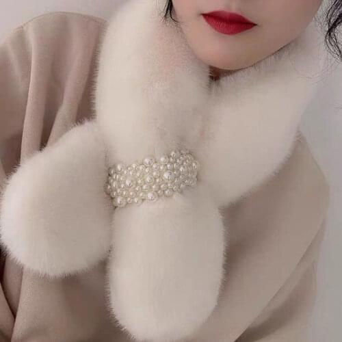 Soft Designer Pearl Faux Fur Scarf Women Winter Fashion Thick Warm Neck Collar Scarves 2021 New Ladies Women Girl Accessories