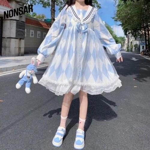 NONSAR New Spring 2021 College Style Loose Dress Female Rhombic Love Girlfriend In The Garden