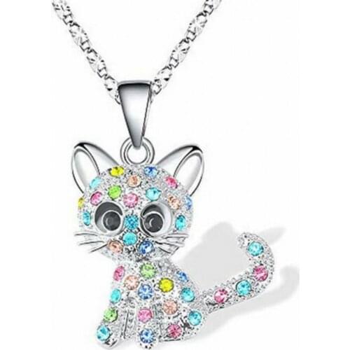 Girls Cute Cat Pendant Necklace for Women Children Fashion Colorful Crystal Cartoon Animal Necklaces Jewelry Gifts