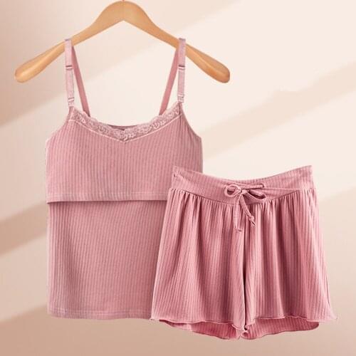 Fdfklak Pure Cotton Pajamas Set For Women Summer Pregnant Suit Breastfeeding Clothing Sleeveless Maternity Pijamas M-XXL