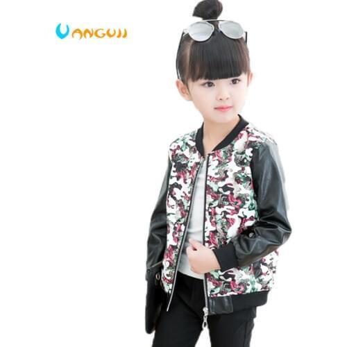 Girls spring autumn jacket fashion pu Coats o-neck long sleeve printing flower Camouflage girls outwear girls clothes 3-9