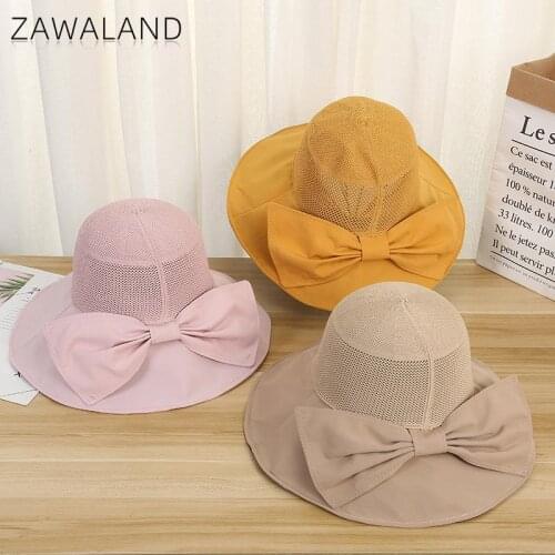 Zawaland 2021 Fashion Big Bow Hats Solid Color Travel Bucket Hat Sun Protection Anti-UV Cap Female Lady Elegance Decoration Cap