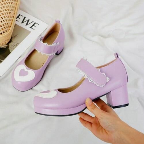 ZawsThia JK Lolita Japanese Styles Little Girls Shoes Hook Loop Heartshape Design Platform Chunky Middle Heels Women Mary Janes