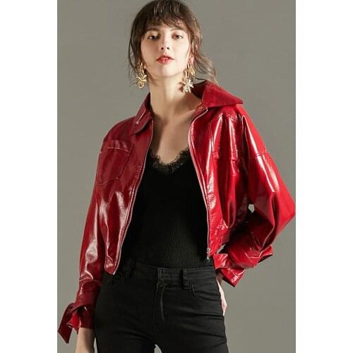 Harajuku Style Personality Womens New Korean Style Shiny Pu Leather Loose Jacket Bow Fashion Motorcycle Jacket Streetwear