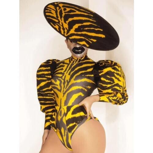 Party Women Singer Clothing Leopard Print Bubble Sleeve Tops Hat Headdress Gogo Court Style Stage Performance Costume DNV14228