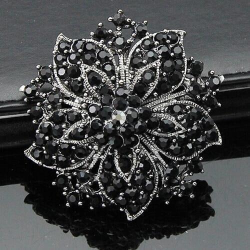 Vintage Fashion Women Clothes Black Crystals Flower Luxury Brooch Wedding Party Gift Brooch Pins For girls