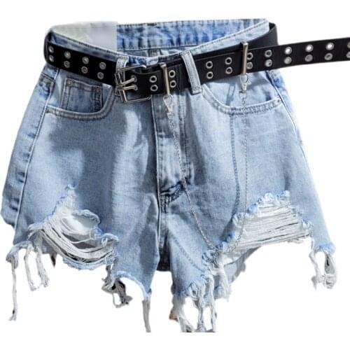 2021 Summer Womens High Waist Denim Shorts Ripped Hollow Out Hole Streetwear Plus Size Jeans Shorts Women Shorts Femme belt