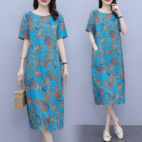 Womens Blue Printed Floral Summer Dress Plus Size L-5XL Fat XXXL 3XL XXXXL 4XL XXXXXL 100KG Woman Wear Loose Blouses Blusa Dress