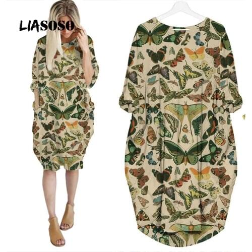 LIASOSO Animal Butterfly Print Fashion Ladies Dress Loose High Quality Casual Knee-length skirt Long Sleeve autumn Fall Womens