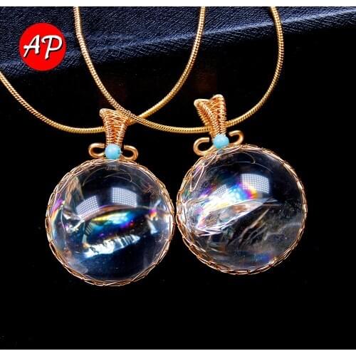 1pc Natural Gemstone Rainbow Color Crystal Ball Pendant Clear Quartz Net bag Handicraft Necklace Accessories for Woman Gifts