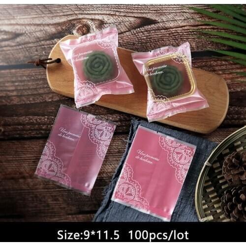 100pcs/lot Candy Cookies Bag Homemade Pack Pink Chinese Elements Lace Gear Frosted Design Nougat Party Wedding Snack Food Pack