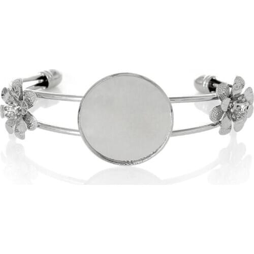 3Pcs Copper Bangles Bracelets Round Silver Color Cabochon Settings(Fit 25mm Dia)16.5cm,Inner Dia:6.2cm For DIY Jewelry Making