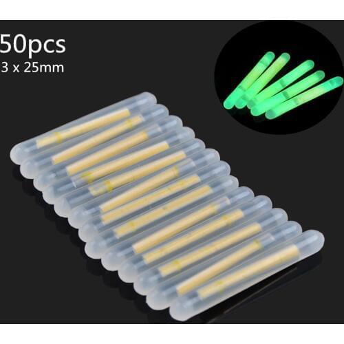 50pcs/lot 3 x 25mm Luminous Float Glowing Fluorescent Fishing Light Visibility 15m 49ft with Lightproof Light-tight Packaging