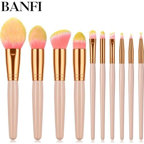 BANFI Foundation Makeup Brushes Set Eyeshadow Powder Pink Wood Handle 10 Pcs Concealer Cosmetic Eyebrow Beauty Tools