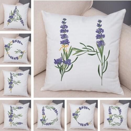 Lavender Letter A-Z Cushion Cover for Sofa Home Car Decor Flower Leaf Pillowcase 45x45cm Pillow Case Soft Plush Pillows Covers