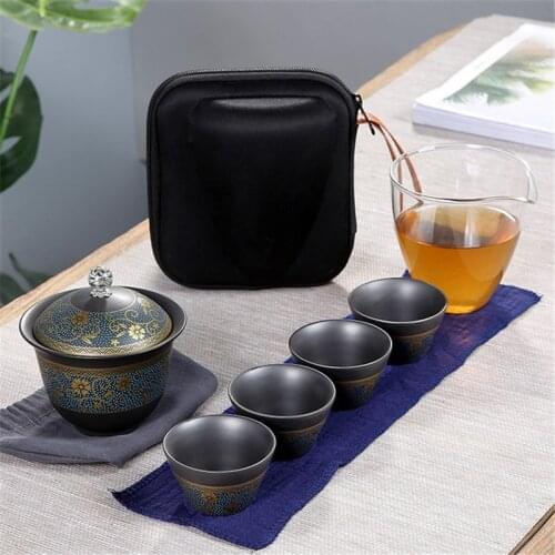 Travel Tea Set One Pot Four Cup Portable Bag Gift Customized Logo Outdoor Tea Cup Chinese Designer Drinkware New Flower Teaware