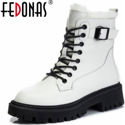 FEDONAS Fashion Buckle Women Ankle Boots 2021 Autumn Winter Warm Wool Genuine Leather Lace-Up Casual Thick Heels Shoes Woman New
