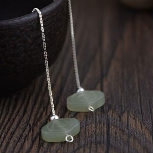 FNJ Hetian Jade Earrings 925 Silver 100% Pure Original S925 Silver Sterling Long Drop Earring for Women Jewelry