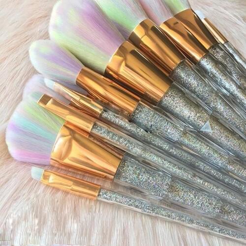 FOEONCO 7PCS Diamond Shape Glitter Powder Handle Unicorn Makeup Brushes Set Foundation Eyeshadow Blending Makeup Brush Tool