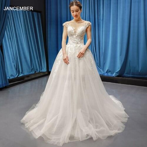 J66764 jancember A-line wedding dresses like white o-neck cap sleeves appliques lace bridal dress brush train robe mariage femme