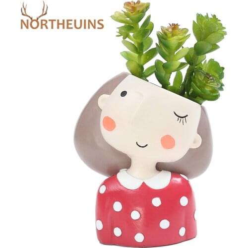 NORTHEUINS 9cm Resin Cartoons Girl Flowerpot Figurines Nordic Creative Figure Pot Decorative Vase Planter For Flowers Home Decor