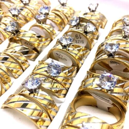 MixMax 36 Pairs of Womens Mens Rings Golden Zircon Stainless Steel Wedding Band Couple Ring Wholesale Lot Jewelry