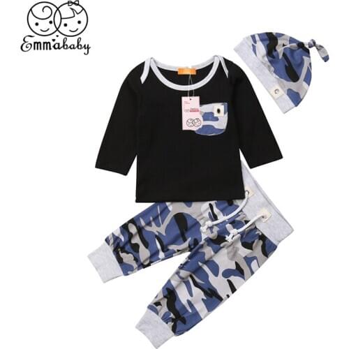 Newborn Baby Girl Boy Clothes Set 0-24M Infant Toddler Kid Autumn Long Sleeve Cotton T-shirt Top Camo Pants Hat 3PCS Outfit