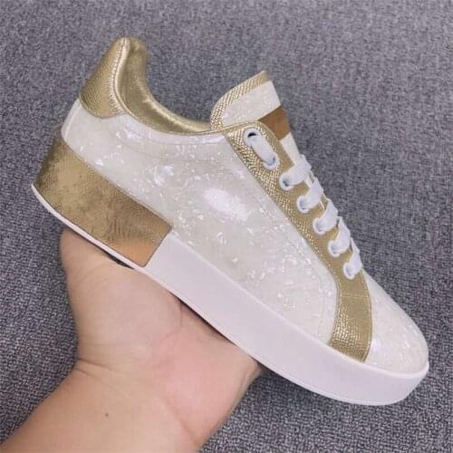 Autumn Women Leisure Sneakers Genuine Leather Patchwork Round Toe Fashion Flat Lace-Up Breathable All-match White Popular Shoes