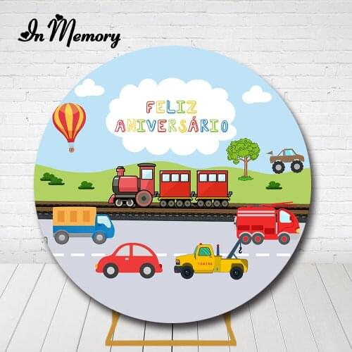 InMemory Cartoon Cars Train Boys Birthday Party Round Backdrop Cover Blue Sky Clouds Hot Air Balloon Background For Photo Studio