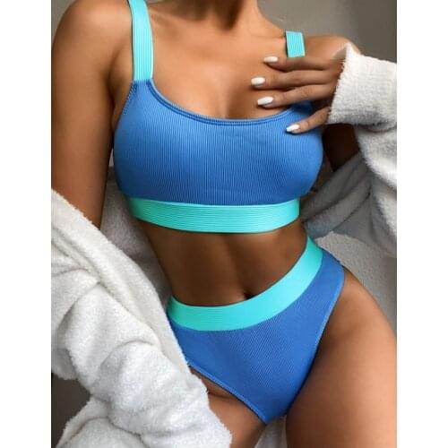 U Neck Two Piece Swimsuit Women Female Sleeveless Bikini Top Swimming Trunks Striped Bathing Suit Beach Swimwear
