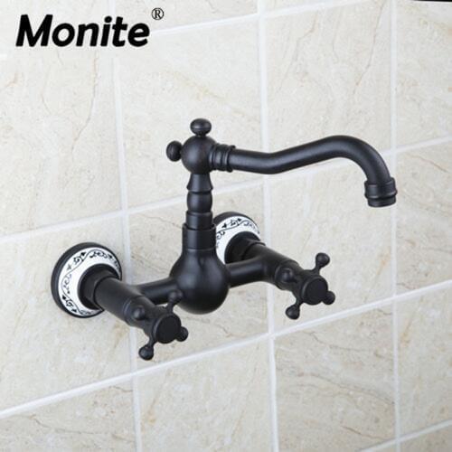 Monite Wall Mounted Swivel Spout Vessel Vanity Bathtub Oil Rubbed Black Bronze Dual Handles Bathroom Basin Sink Tap Mixer Faucet