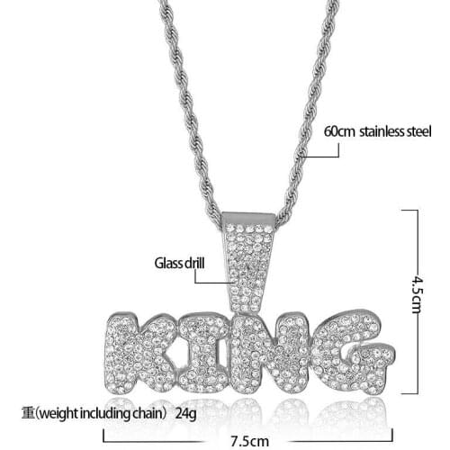 Punk King Letter Necklace Pendnt Shiny Iced Out Cuba Chain Hip Hop Jewelry For Men The Same As Kyan