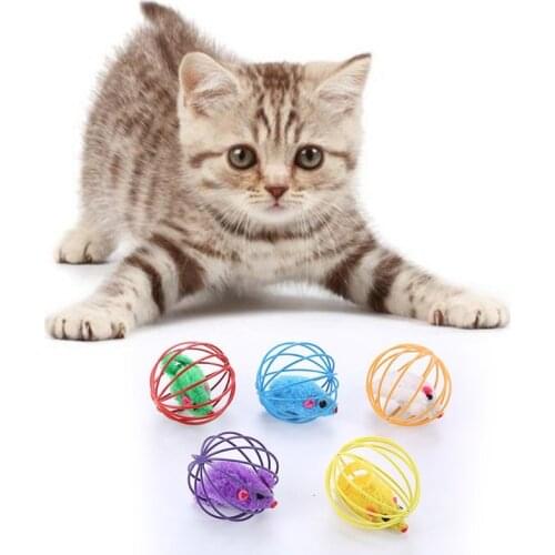 Mouse Wire Cage Plush Toy For Pet Cat Mini Funny Cat Toys Scratch Interactive Coloful Ball Toys Kitten Teaser Pet Animal Supply
