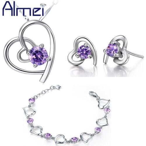 Almei Luxury Heart Bracelets Jewelry Set For Women Silver Color Bridal Earrings Love Necklaces Sets With Purple Zirconia T157