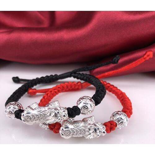 Real 999 Silver Wealth Pixiu Bracelets 3D Pure Silver Wealth Pixiu Braided Bracelets Good Luck Bracelets for Lovers