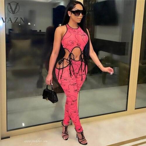 VAZN 2021 New Bandage Bodycon Sexy Office Lady Women Sleeveless O-neck Striped Party Beach Jumpsuits Full Pant Bandage Rompers