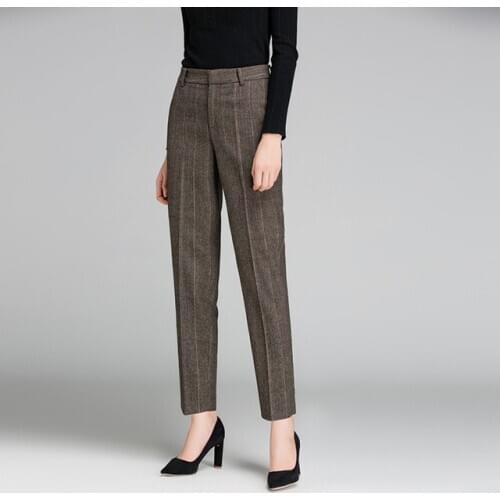 2020 Autumn Winter Wool Harem Pants Women Spring Thick Trousers Womens Casual High Waist Striped Pants Brown Gray Pantalon Femme