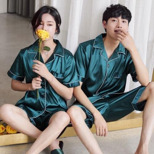 SLPBELY Summer Faux Silk Couple Pajamas Nightwear Women Set Soft and Comfortable Pure Color New Leisure Short Sleeves Sleepwear