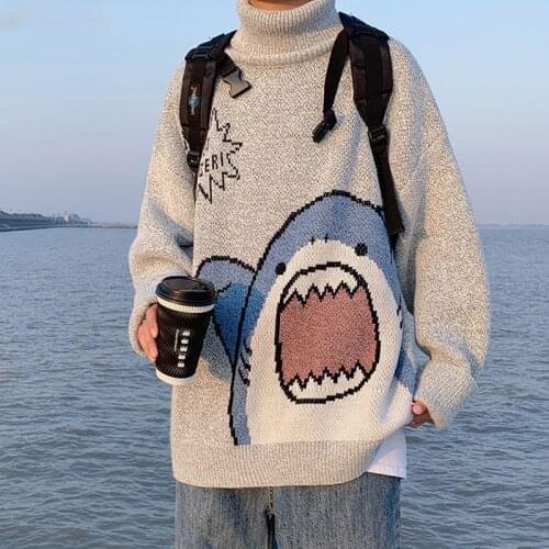 Pullovers Women Cartoon Shark Streetwear Turtleneck Sweater Couples Winter O Neck Loose Thick Jumper Korean Knitted Oversize Top