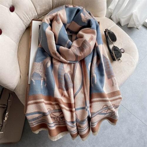 Luxury Brand Winter Scarf Women Cashmere Pashmina Shawls Horse Print Wraps Double-sided Thick Warm Scarves Lady Bufanda 2021